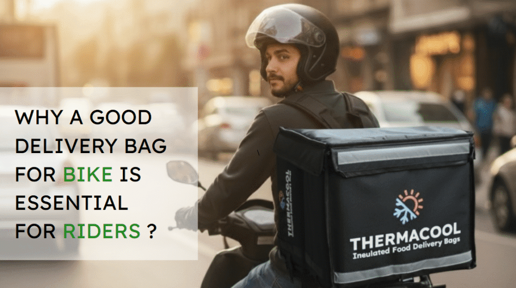 image Food delivery rider on a bike carrying an insulated Thermal delivery bag, highlighting the importance of durable delivery bags for riders.